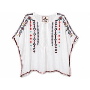 JOHNNY WAS Embroidered Top S Linen Floral Boho Kaftan Festival Coastal Poncho